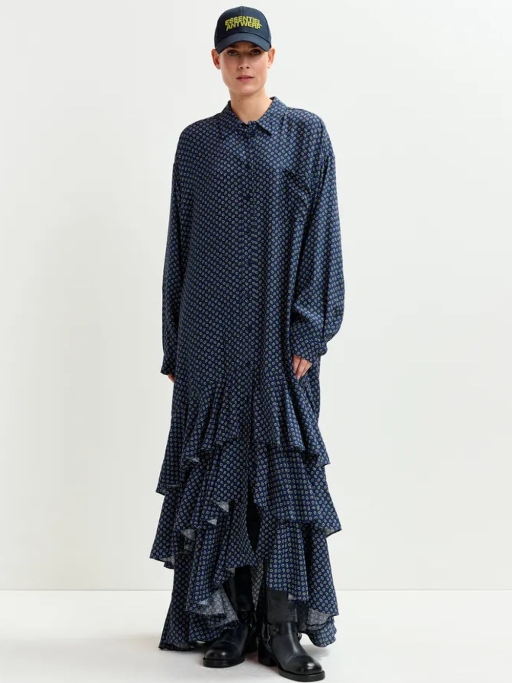 Essentiel Antwerp Printed Ruffle Maxi Shirt Dress